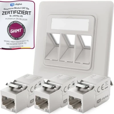 Image de hb digital Prise réseau CAT 6a encastrée 3 ports RAL9003 blanc de signal + modules Keystone RJ45 LAN Ethernet femelle encastrable pour 5e 6 500 MHz 10 Gbit/s STP