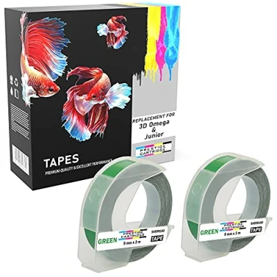 Image de 2 Compatibles Rubans S0898160 blanc sur vert 9mm x 3m pour Dymo 3D Omega et Junior Système de Marquage