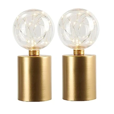 Image de JHY DESIGN Lampe de chevet décorative alimentée par piles, lot 2 lampes table nuit avec lumière sphérique 18 cm haut sans fil piles pour mariage, intérieure (Dorée)