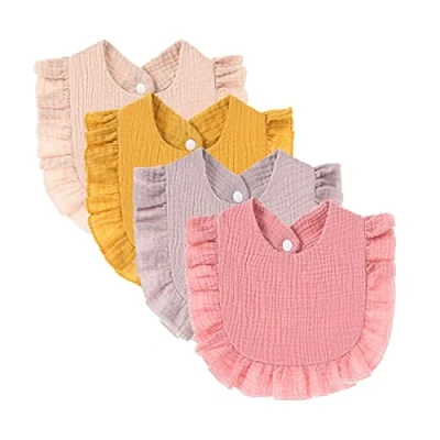 Image de Nishine 4 PACK Ensemble de bavoirs en mousseline solide pour bébés unisexe garçons filles coton ajustable dentition l&#039;alimentation baveuse(Set rose)