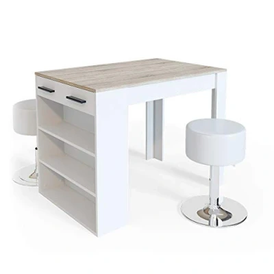 Image de Vicco Set de Table Style Bar Repose, Sonoma/Blanc, 67 x 100 cm avec 2 tabourets