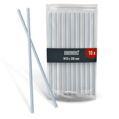Image de HELPMATE tige filetée M10 x 330 mm acier zingué 10 pièces à pas métrique et filetage complet argenté résistance casse 4.8 DIN 976