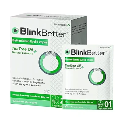 Image de BlinkBetter Lot de 20 lingettes pour paupières à l&#039;huile d&#039;arbre thé naturelles soulager la blépharite, MGD et les yeux secs Nettoyantes, apaisantes, double texture, formule