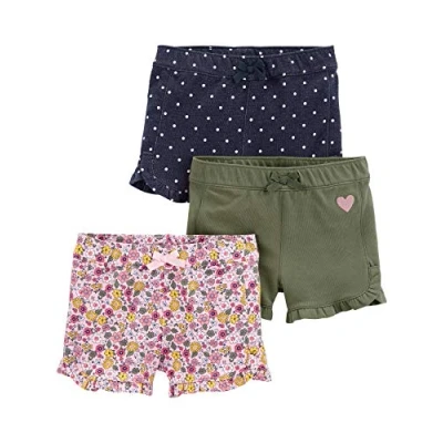 Image de Simple Joys by Carter&#039;s 3 Pack Knit Shorts, Bleu Jean Points/Rose Fleuri/Vert Olive Cœurs, 12 Mois (Lot de 3) Bébé Fille