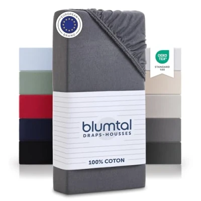 Image de Blumtal Basics Lot De 1 Jersey Drap Housse 180 x 200 Coton Certifié Oeko Tex 100% 135gsm Hauteur Matelas Jusqu&#039;à 25 cm Doux Gris