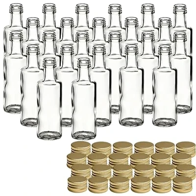 Image de gouveo Dorica Lot de 24 bouteilles en verre 40 ml avec bouchon à vis Doré Mini bouteille 0,04 l remplir Flacons pour liqueur, huile ou le bricolage