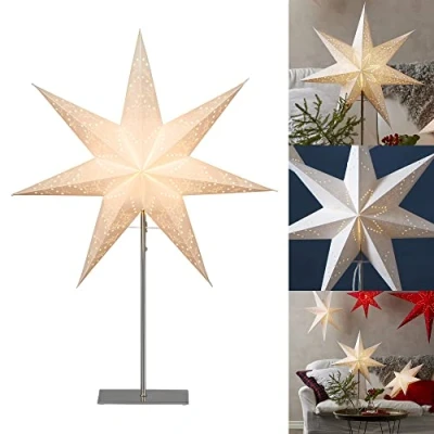Image de Star Trading Sensy Lampadaire étoile en papier 3D blanc avec pied métal, lampe décorative interrupteur à câble, E14, hauteur : 78 cm