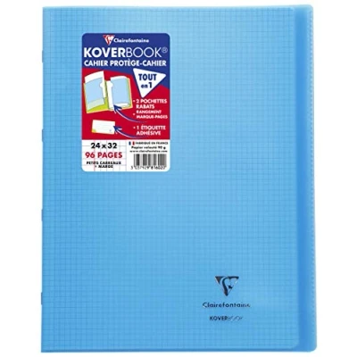 Image de Clairefontaine 981602C Un Cahier Agrafé Koverbook Bleu 24x32 cm 96 Pages Petits Carreaux avec Marge Papier Blanc 90 g Couverture Polypro