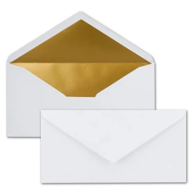 Image de 15x enveloppes 11 x 22 cm couleur: Blanc aves doublure en or métallique fermeture: gommée format DL américain, portefeuille sans fenêtre pour papier A4 invitations