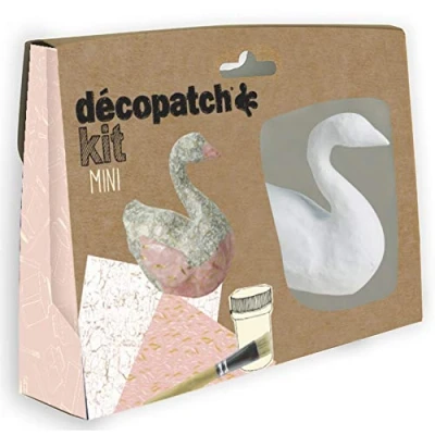 Image de Décopatch KIT027C un mini kit comprenant animal en papier pulpé blanc, 2 feuilles Décopatch, pinceau et pot de vernis colle, CYGNE