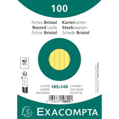 Image de Exacompta Réf. 10829SE Carton de 20 paquets 100 fiches bristol lignées non perforées sous film format 105 x 148 mm couleur jaune