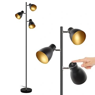 Image de Osasy lampadaire vintage, 3 spots orientables,Interrupteur de commande indépendant lampe à pied design rétro, ampoules E14 LED ou halogène, hauteur 168 cm, métal noir doré