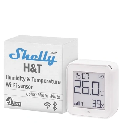 Image de Shelly H&amp;T Gen3 Blanc Capteur de température et d’humidité ambiante Thermomètre &amp; Hygromètre Wi Fi Bluetooth Sans fil Mémoire flash 8 Mo Double alimentation USB Type C piles 4x AA