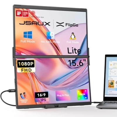 Image de JSAUX FlipGo Lite 15,6&quot; IPS Dual Moniteur portable, 1080P FHD, HUB intégré, design magnétique, câble unique pour configuration triple moniteur, idéal les voyages et affaires
