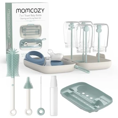 Image de Momcozy Goupillon Biberon Silicone｜Kit Nettoyage Voyage avec Brosse Tétine + Écouvillon Boîte de Rangement｜Support Séchage Intégré｜Prêt pour Sortie Bébé​