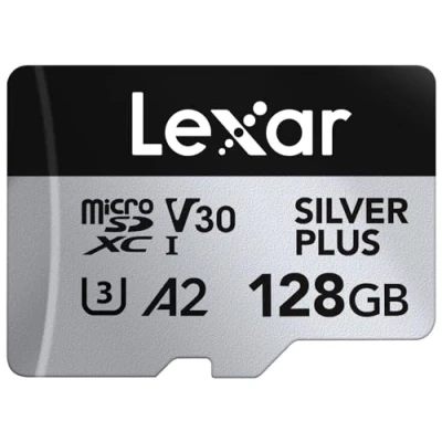Image de Lexar Silver Plus Carte Micro SD 128 Go, Microsdxc TF jusqu&#039;à 205 Mo/s en Lecture, 150 écriture, Mémoire SD+ Adaptateur, A2, U3, Classe 10, V30, Full HD et 4K UHD Video