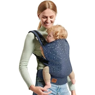 Image de Kinderkraft NINO CONFETTI Porte bébé de 3 Mois à 20 kg, Sangles larges et réglables, Confortable pour le parent, avec Poche, Deux façons: sur ventre ou dos, Bleu
