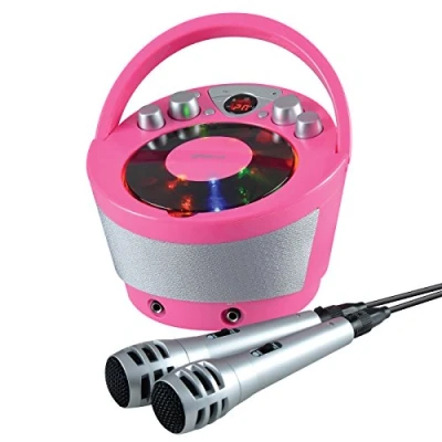 Image de Groov e Boombox Portable de fête karaoké avec Lecteur CD, Lecture sans Fil Bluetooth, éclairage Effet fête, Micro et contrôle Vocal 2 Microphones Inclus Rose