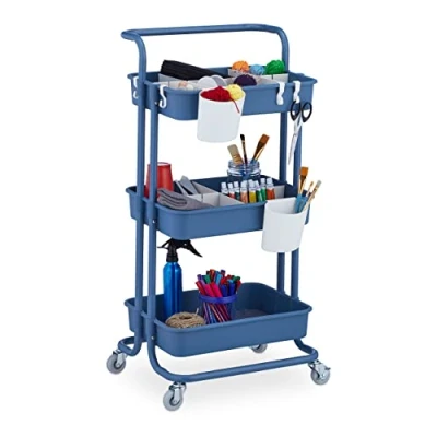 Image de Relaxdays Desserte à roulettes, 3 Niveaux, 2 Freins, Multi Usage pour Cuisine et Bureau, métal, HLP : 86x43x42cm, Bleu