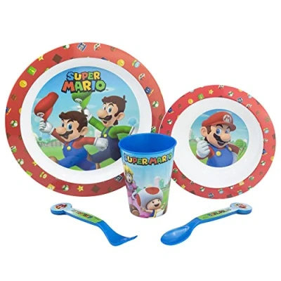 Image de SET DE TABLE POUR ENFANTS 5 PIÈCES. ASSIETTE, BOL, VERRE 260ML ET COUVERTS. SANS BISPHÉNOL A COMPATIBLE AVEC LE MICRO ONDES. SUPER MARIO