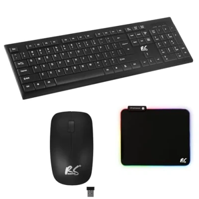 Image de NanoRS Clavier QWERTY sans fil + souris tapis de 2,4 GHz, portée : jusqu&#039;à 10 m Résolution la 1200 DPI Récepteur Nano USB Design plat, fonctionne sur piles, noir
