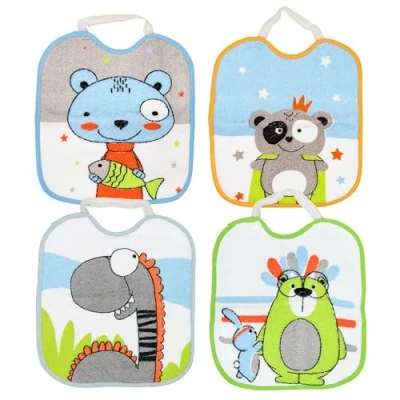 Image de Ti TIN Lot de 4 Bavoirs Éponge Imprimé Imperméable 23x28 cm 90% Coton 10% polyester pour Bébés 6 à 12 mois Fermeture Élastique Doublure Vinyle Motif Animaux 320gr/m²