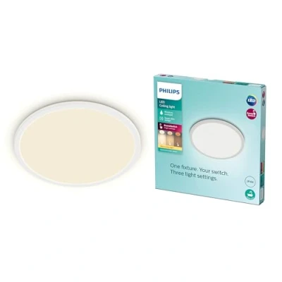 Image de PHILIPS Plafonnier rond à panneau LED SceneSwitch intensité variable, 3 ambiances différentes, Blanc chaud, 18W. Idéal pour les salles de bain avec son indice protection IP44,