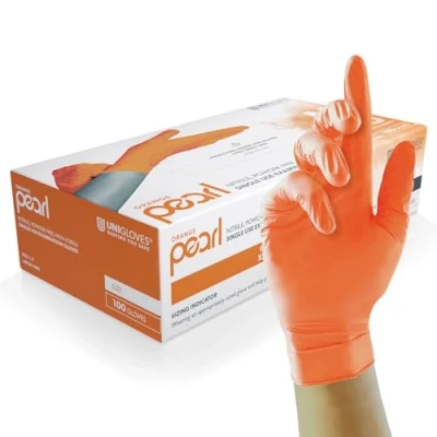 Image de UNIGLOVES Orange Pearl gants d&#039;examen en nitrile jetables polyvalents, sans poudre et latex boîte de 100 gants, orange, taille L (GP0134)