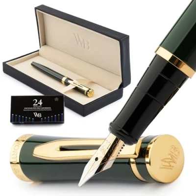 Image de Wordsworth &amp; Black Ensemble Stylo Plume, Pointe Large Dorée 18 Carats, Comprend 24 Cartouches D&#039;encre, Convertisseur De Recharge D&#039;encre Et Coffret Cadeau, Finition Calligraphie [Vert Course]