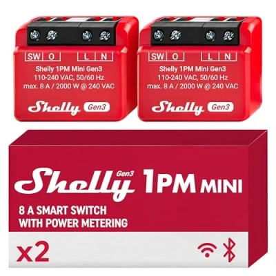 Image de Shelly 1PM Mini Gen3 Micromodule Relais Interrupteur connecté Wi Fi &amp; Bluetooth, Compteur de consommation, Commande à distance, 1 Canal 8A, Alexa Google Home, App iOS, Android (Lot 2)
