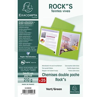 Image de Exacompta Réf. 415003E Paquet de 25 chemises double poche ROCK&#039;&#039;S 210 g/m² couleurs vives certifiées PEFC™ dimensions 24 x 32 cm pour documents format A4 couleur vert