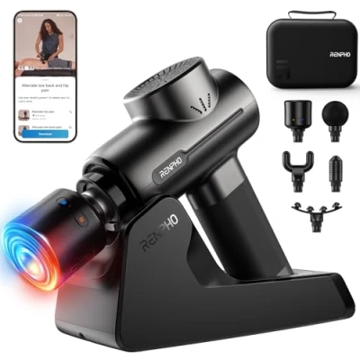 Image de RENPHO pistolet de massage avec chaleur et froid, à percussion des tissus profonds portable Bluetooth support charge, éligible FSA HSA Active+ Thermacool Deluxe