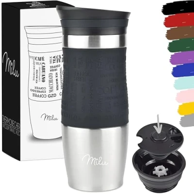 Image de Milu Mug Isotherme Etanche 370ml, 450ml I Thermos pour café et thé à emporter, Double Paroi Isolée sous Vide, Acier Inoxydable Tasse de voyage Chaud &amp; froid ( Noir)