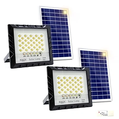 Image de 2x Projecteur Solaire Extérieur 100W 128 LEDS + Panneau Photovoltaïque à Haute Conversion, Télécommande, Capteur d&#039;allumage Automatique. IP67 pour Éclairage, Jardin, Garage.
