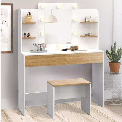 Image de Coiffeuse ZELIA blanc et hêtre table de maquillage 4 étagères, miroir LED tabouret