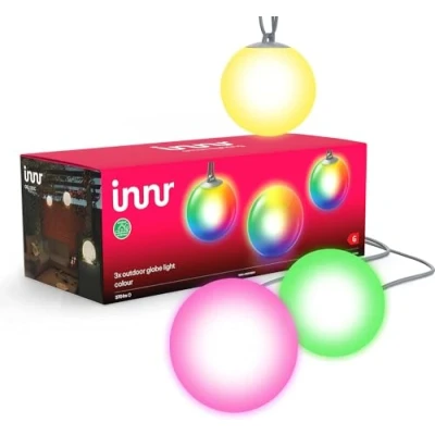 Image de innr Globe connectée Couleur, Éclairage Extérieur, fonctionne avec Philips Hue*, Google &amp; Alexa (hub connecté requis) L&#039;ENSEMBLE COMPLET, 19cm LED RGBW Sphère, Outdoor, 3 Pack, OGL 130 C