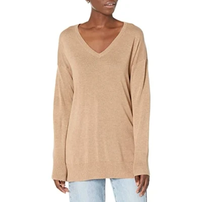 Image de Amazon Essentials Pull Tunique Léger À Manches Longues Et Col En v (Disponible Grande Taille) Femme, Fauve Chiné, 3XL taille