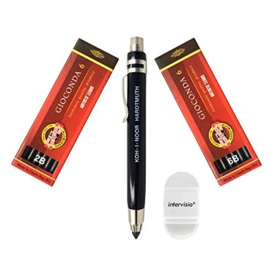 Image de Koh I Noor 5359 Porte mines mécanique 5.6 mm moderne en métal avec graphite, Set 4865 2B et 6B gomme intervisio pour école, bureau, écrivains, artistes