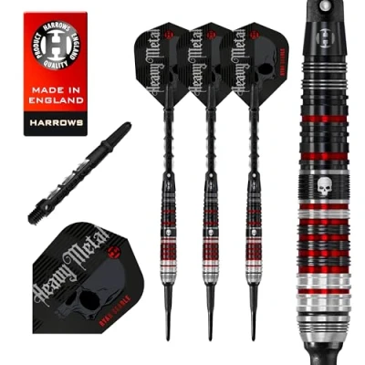 Image de Harrows Ryan Searle Heavy Metal Series 2 Jeu de fléchettes professionnelles à pointe souple 90 % tungstène avec tiges midi en carbone ST et ailettes Signature (18 g)