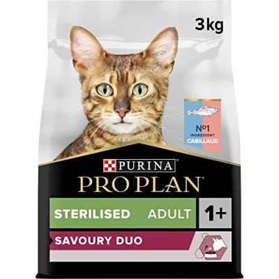 Image de PURINA PRO PLAN Sterilised Adult 1+ Savoury Duo Riche en Cabillaud et Truite Croquettes Chat Sac de 3kg