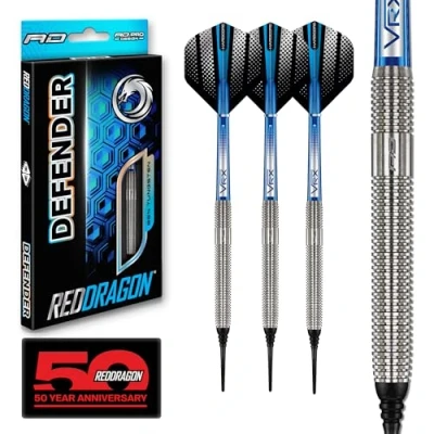 Image de RED DRAGON Defender 19g Baril / 21g Poids Total Pointe Souple 90% Jeu de fléchettes en tungstène avec ailettes et tiges