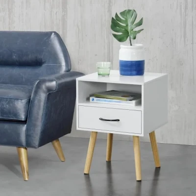 Image de [en.casa] Table de Chevet Design Commode à Tiroir Meuble Bas Style Intemporel Nuit avec Espace Stockage Panneau Particules Bois Revêtu par PVC 57 x 42 40 cm Blanc