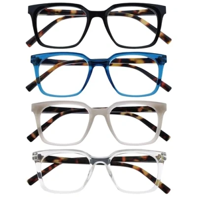 Image de OPULIZE KOI Lunettes de Lecture Lot 4 Large Monture Rectangulaire Noir/Bleu/Gris/Transparent Hommes Femmes Charnières à Ressorts RRRR50 137C +2.50