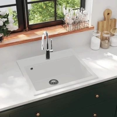 Image de vidaXL Evier de Cuisine Egouttoir Seul Lavabo Encastré Réversible avec Trou Montage pour Robinet et Distributeur Savon Intérieur Maison Granit Blanc