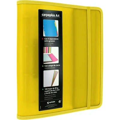 Image de Grafoplás 88200060. Classeur à 4 anneaux A4, jaune, polypropylène, avec rabat latéral, recharge de 100 feuilles, intercalaires et enveloppes transparentes, Multiline.