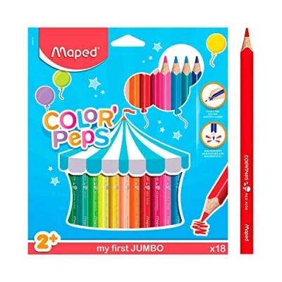 Image de Maped Maxi Crayons de Couleur Color&#039;Peps Premiers Coloriage pour Bébé +2 ans Boîte 18 Couleurs Jumbo en Bois Certifié FSC