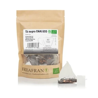 Image de FRISAFRAN thé noir chai en pyramide Bio 60 unités 120g Sachets Antioxydant et énergisant naturel décaféiné Détox sans additifs aux épices Mélange instantané