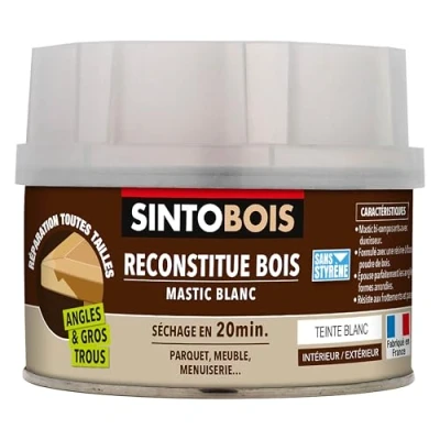Image de SINTOBOIS Pâte à Bois Angles et Gros Trous Reconstitue les Parties Manquantes Intérieur Extérieur Haute Résistance &amp; Adhérence Sec en 20min Blanc Technique Professionnelle 190g