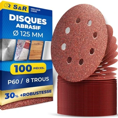 Image de S&amp;R Disques de Ponçage Papier Abrasifs 125mm Ponceus Excentrique 100 Grain P60 à 8 trous