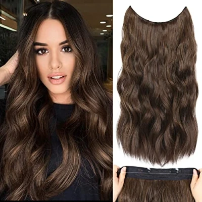 Image de extensions de cheveux invisibles avec fil transparent réglable, à secret 2 clips sécurisés, 50,8 cm long synthétiques pour femmes (couleur : marron foncé